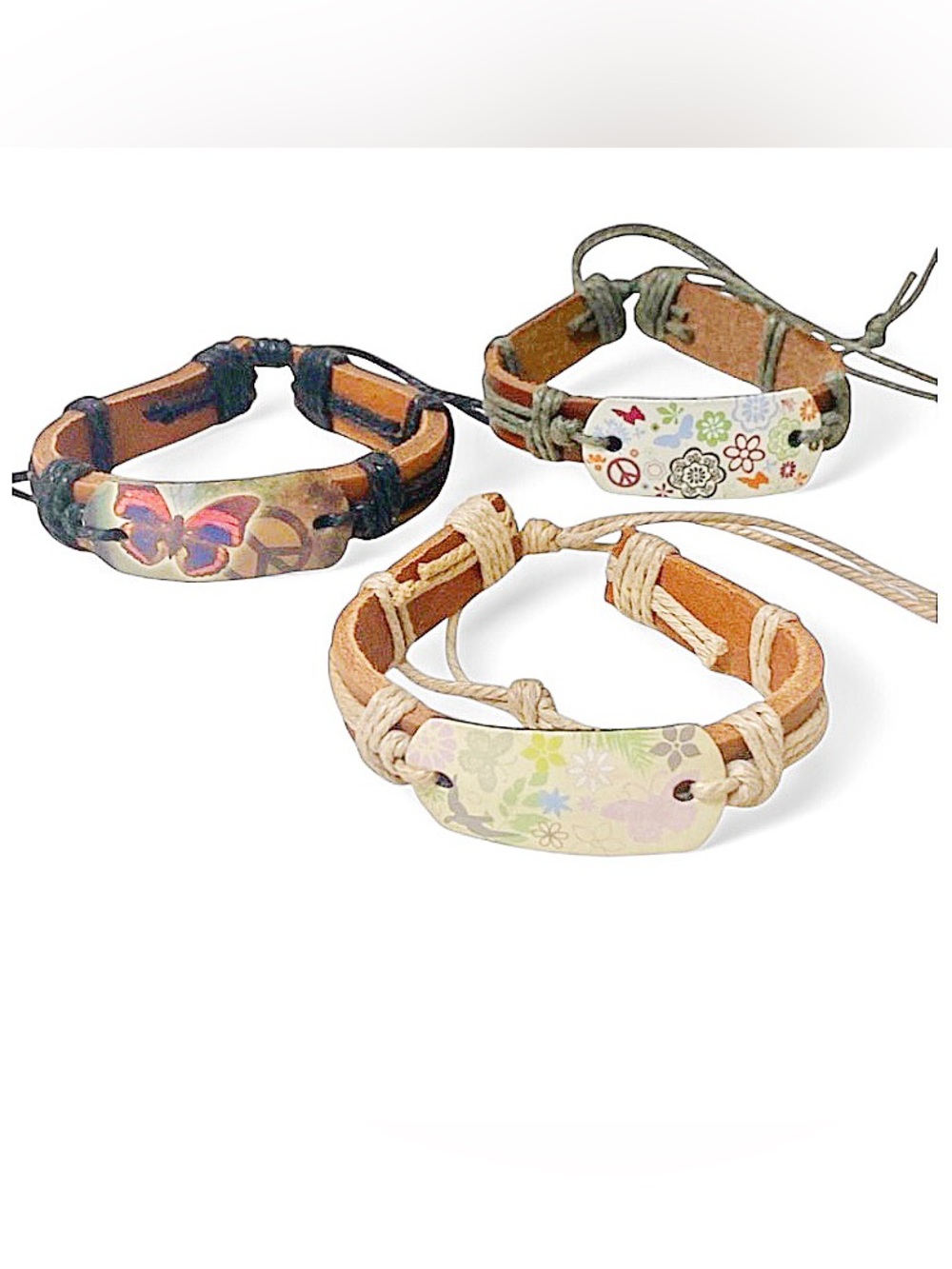 Set of 3 Adjustable Butterfly Peace Dove Floral Bracelets Handmade Style Gift